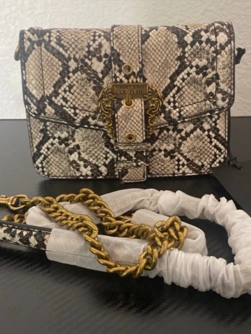 Versace Jeans Couture Snake-Print Crossbody Bag in Beige Black with Gold Chain